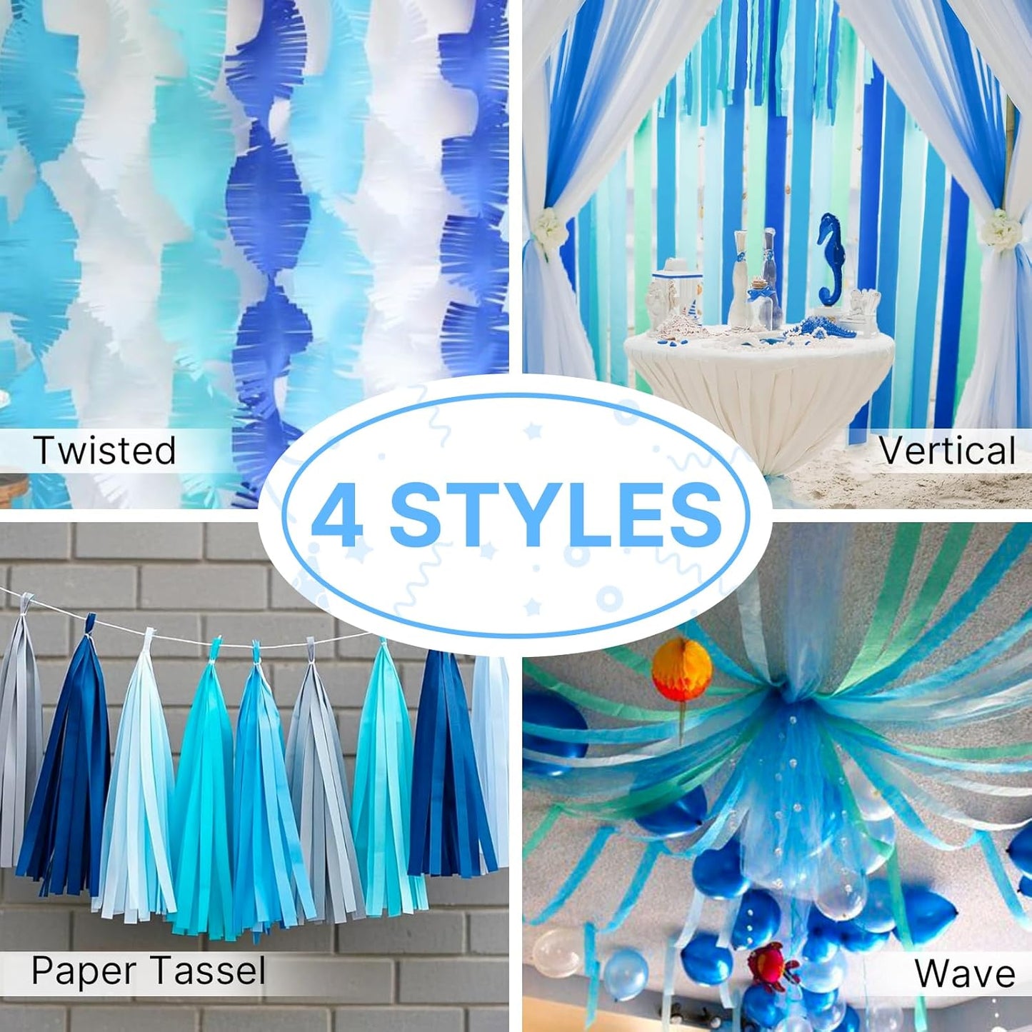 PartyWoo Blue Crepe Paper Streamers 4pcs 328ft Pack of Pearl Blue Crepe Paper Streamers for Birthday Gender Reveal Baby Shower Wedding Graduation Pool Mermaid Under The Sea Theme Party Decorations