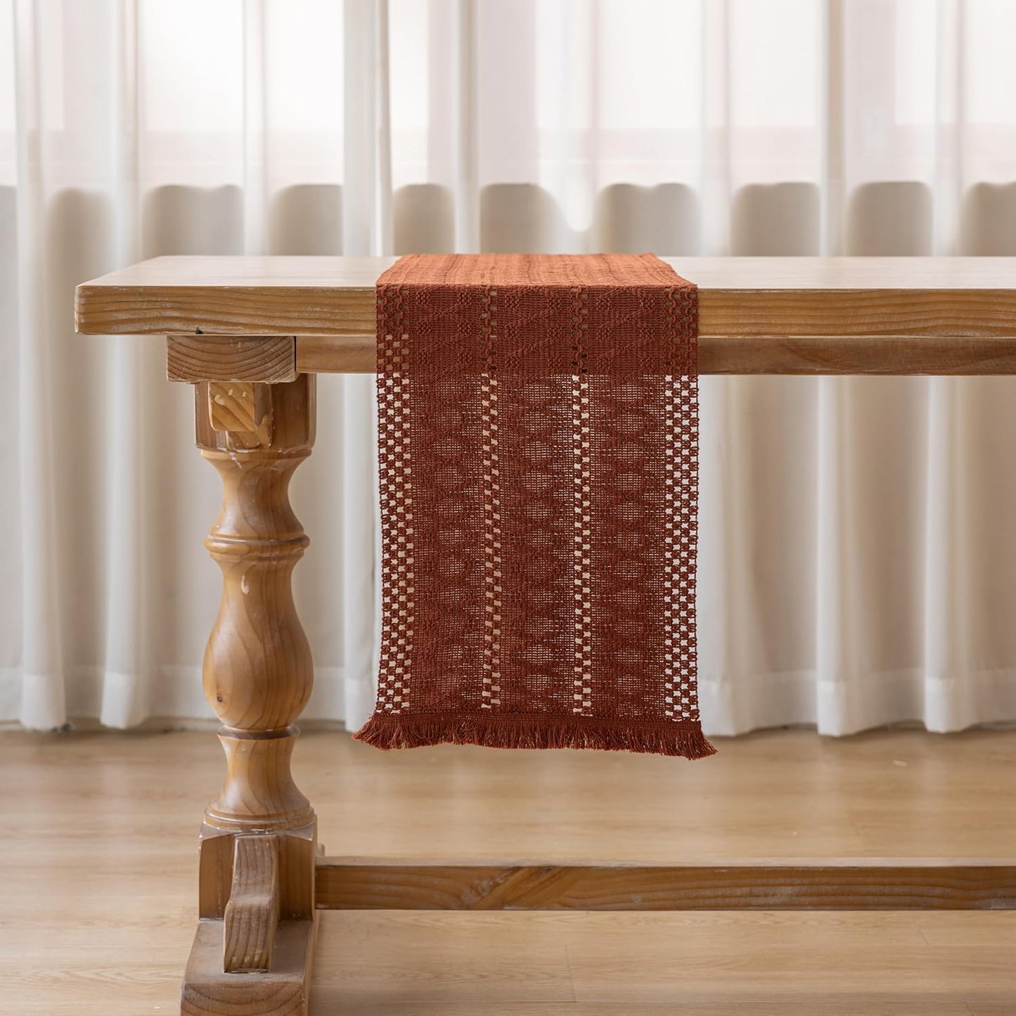 Boho Rust Table Runner for Home Decor 12x48 Inches Farmhouse Macrame Burlap Jute Rustic Dining Kitchen Centerpiece Bohemian Decor French Country Baby Bridal Shower Decorations