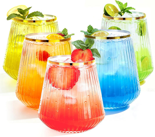 36 Pcs 12 oz Plastic Gold Rim Ribbed Wine Glasses, Reusable Champagne Glasses Elegant Whiskey Glasses Ideal for Weddings, Bars, Christmas, Halloween,Holidays,pool party,Daily Use