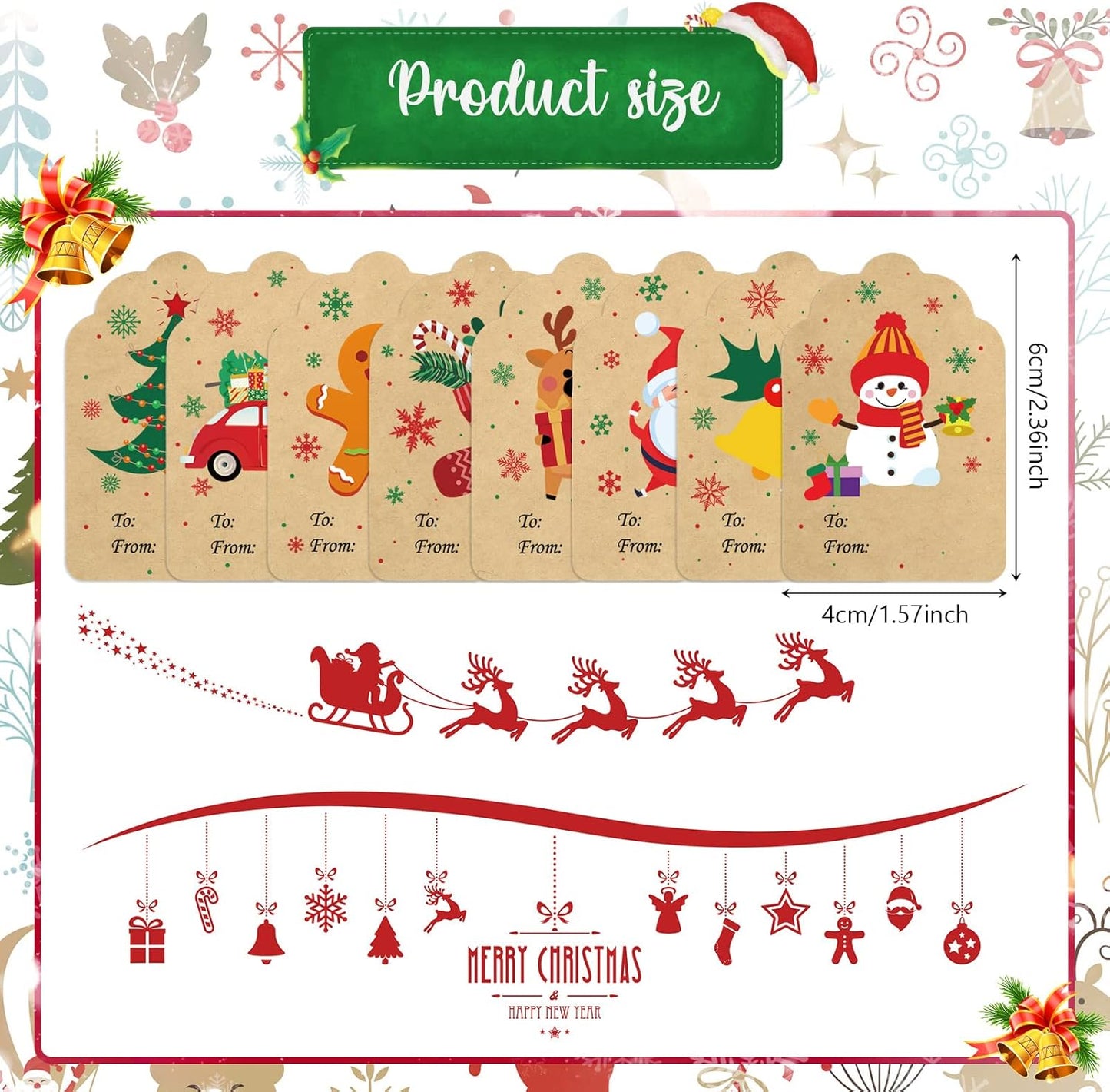 Zonon 720 Pieces Self Adhesive Christmas Gift Tag Xmas Kraft Name Tags Natural Kraft Xmas Stickers Paper Tags Labels for Christmas Decoration(Stylish Style)