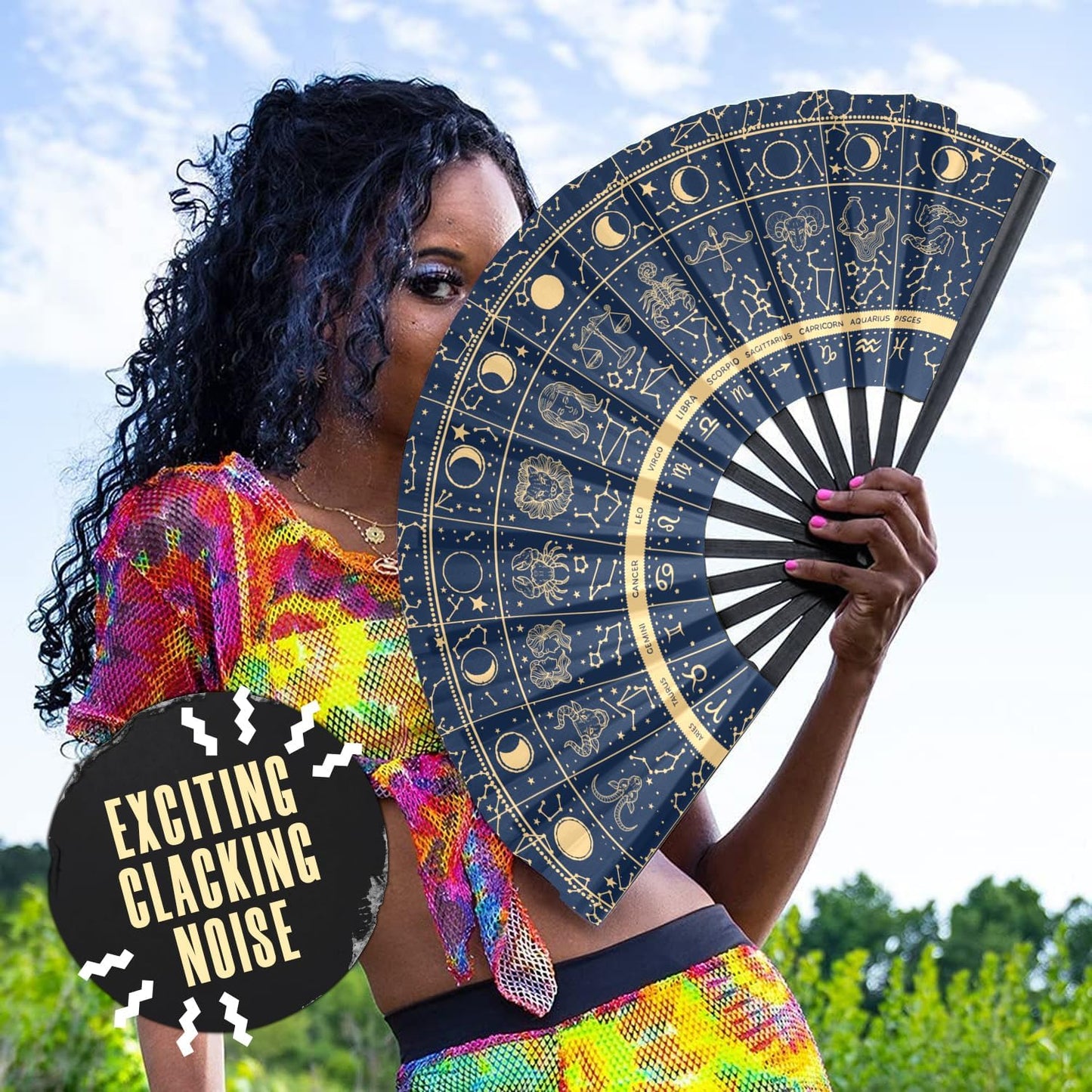 GloFX Rave Fan - Zodiac Signs - Large Folding Hand Fan Astrological Signs Designs for Festival Outfits, Cosmic Events - Perfect Accessory for Astrology Enthusiasts and Stargazers