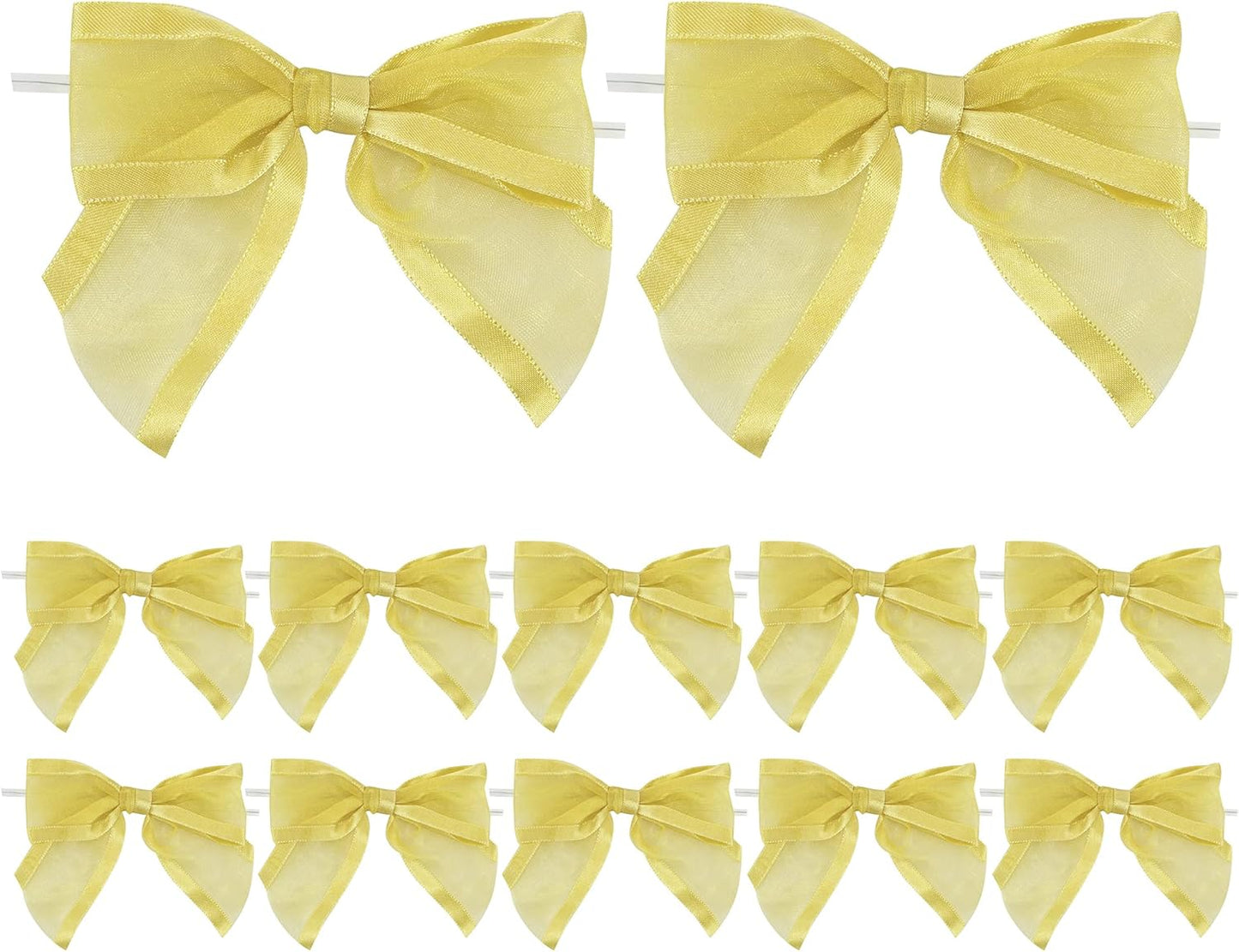 AIMUDI Gold Bows for Treats 4" Organza Bows Premade Twist Ties Bows for Gift Wrapping Crafts Treat Bags Baskets Cake Pop Baby Shower Birthday Wedding Christmas Decor - 12 Counts