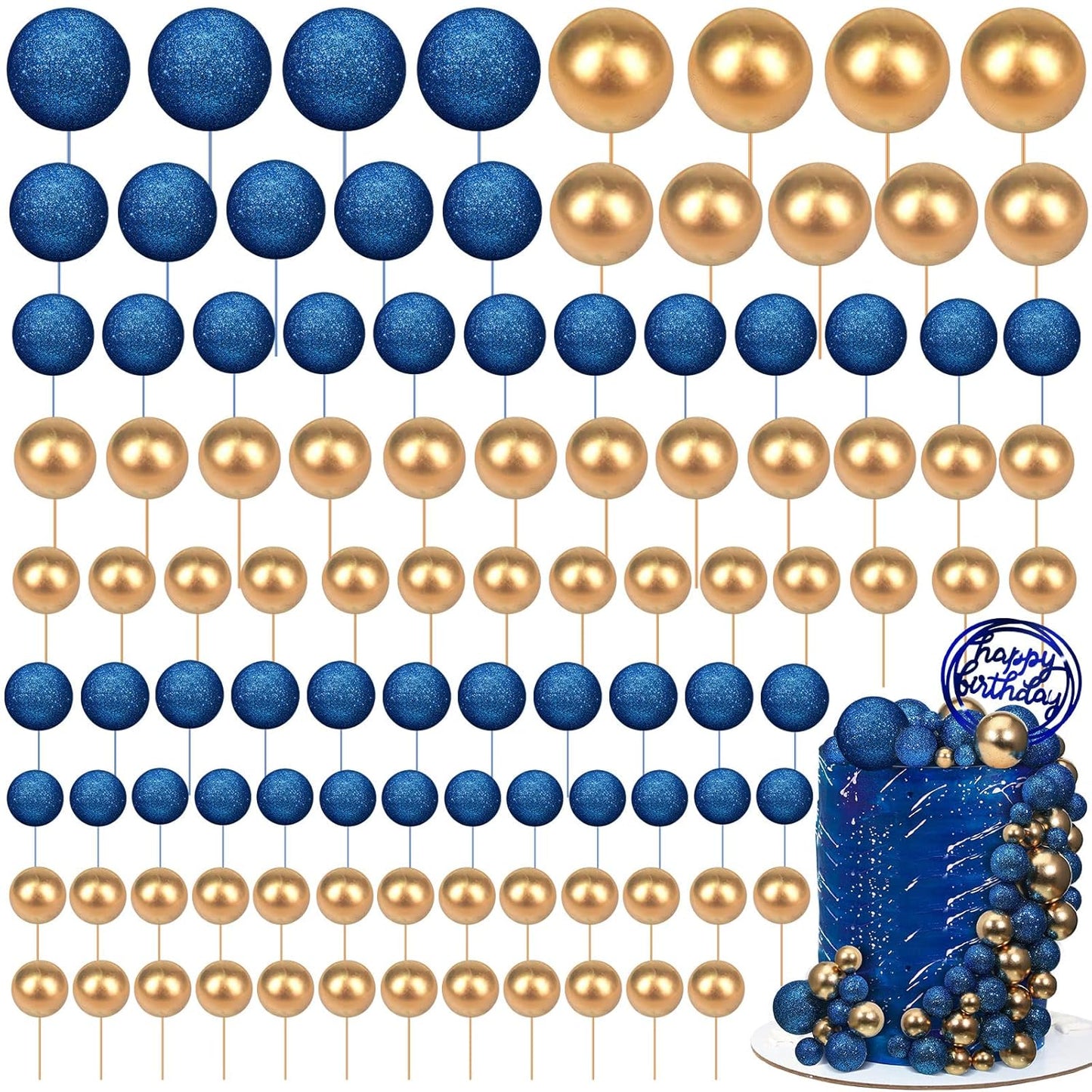 108 Pcs Balls Cake Topper DIY Cupcake Insert Foam Balloons for Cake Baking Wedding Anniversary Birthday Decoration(Bright Blue, Gold,Multi Sizes)