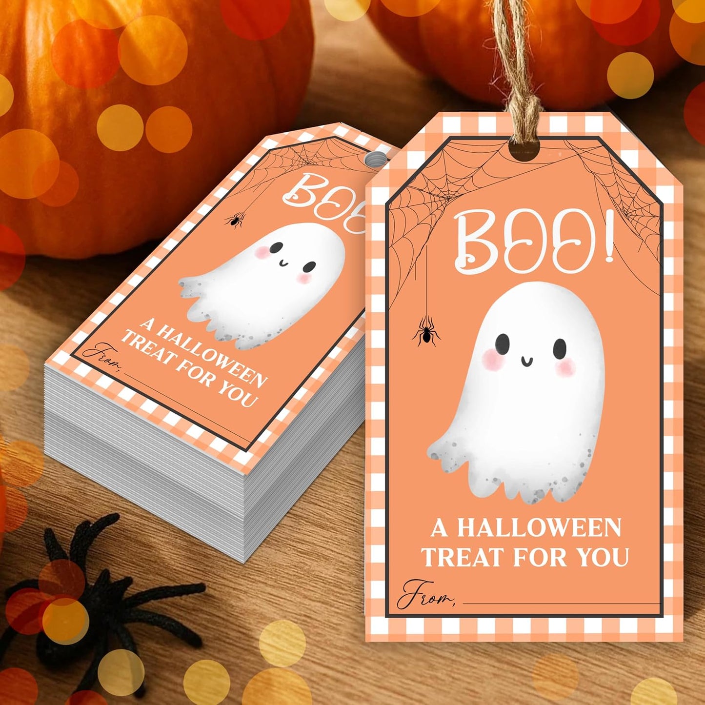 50 Pcs Halloween Tags with String, 2.1"×3.5" Boo Paper Gifts Tags, Ghost Trick or Treat for Candy, Halloween Gifts Tag Wrap for Party Favor - B08