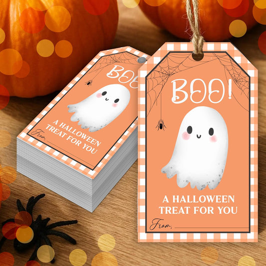 50 Pcs Halloween Tags with String, 2.1"×3.5" Boo Paper Gifts Tags, Ghost Trick or Treat for Candy, Halloween Gifts Tag Wrap for Party Favor - B08