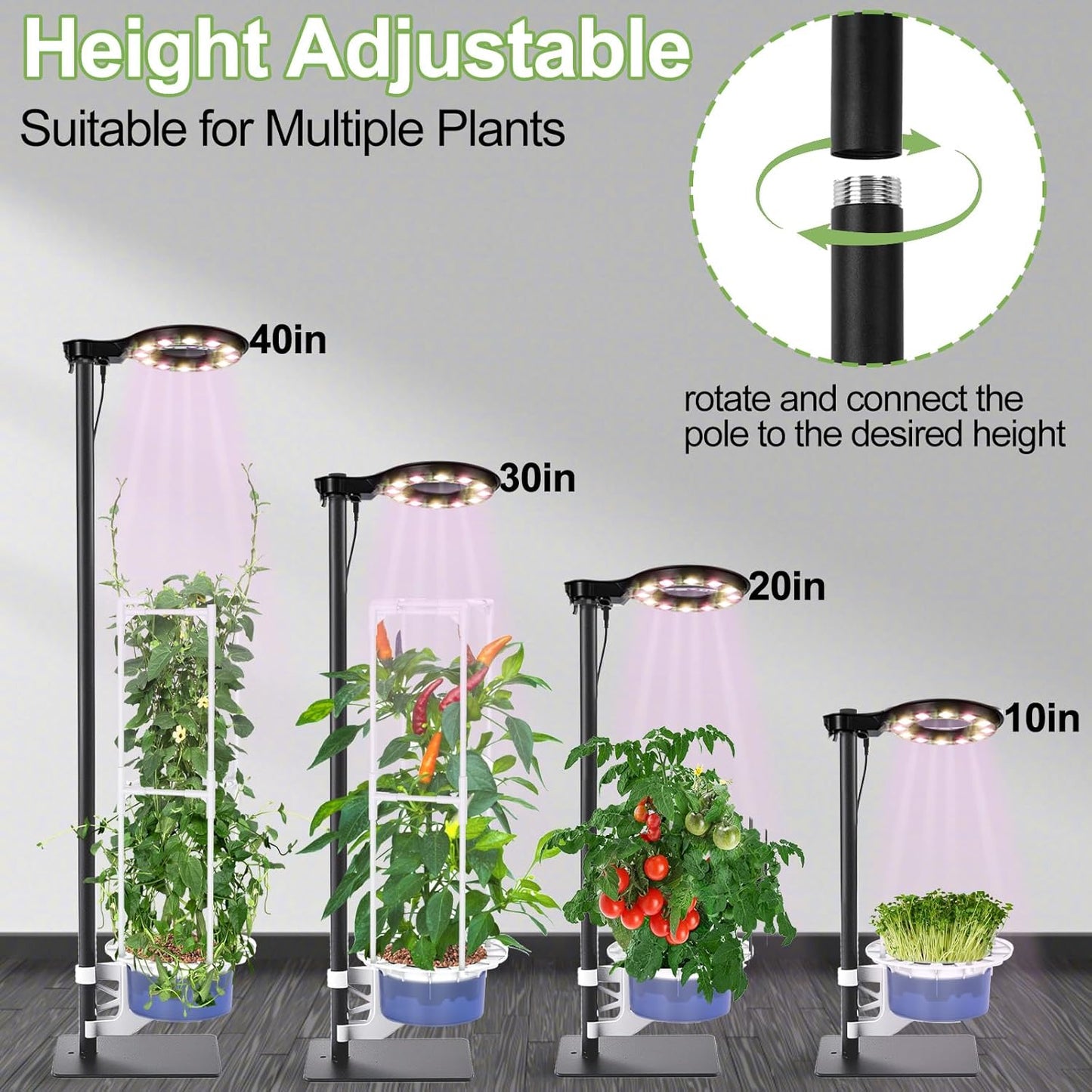 Indoor Plant Hydroponics Growing System Tower Kit with Grow light,Herb Vegetable Indoor Gardening System with Standing Floor Tall LED Grow Lights,Height Adjustable with Stand,Timer,Trellis