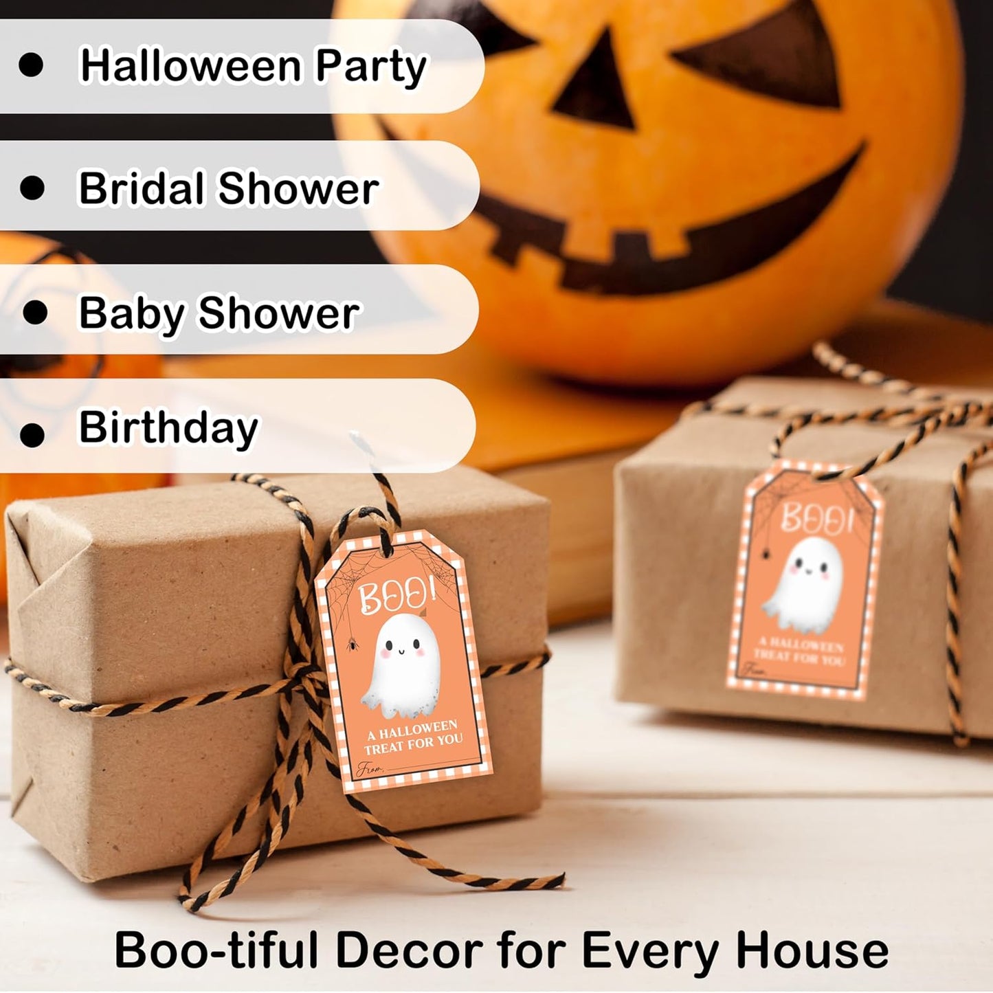 50 Pcs Halloween Tags with String, 2.1"×3.5" Boo Paper Gifts Tags, Ghost Trick or Treat for Candy, Halloween Gifts Tag Wrap for Party Favor - B08