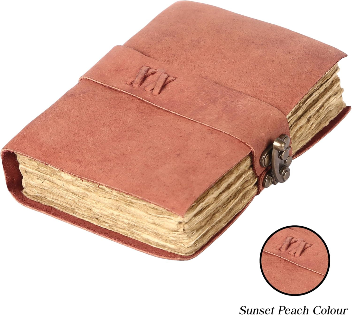 Vintage Leather Journal Handmade Buffalo Non-Refillable Deckle Edge Paper – Leather Bound Journal for Women, Men, C-Lock Closure Ideal for Writing & Travel for Artists (Sunset Peach)