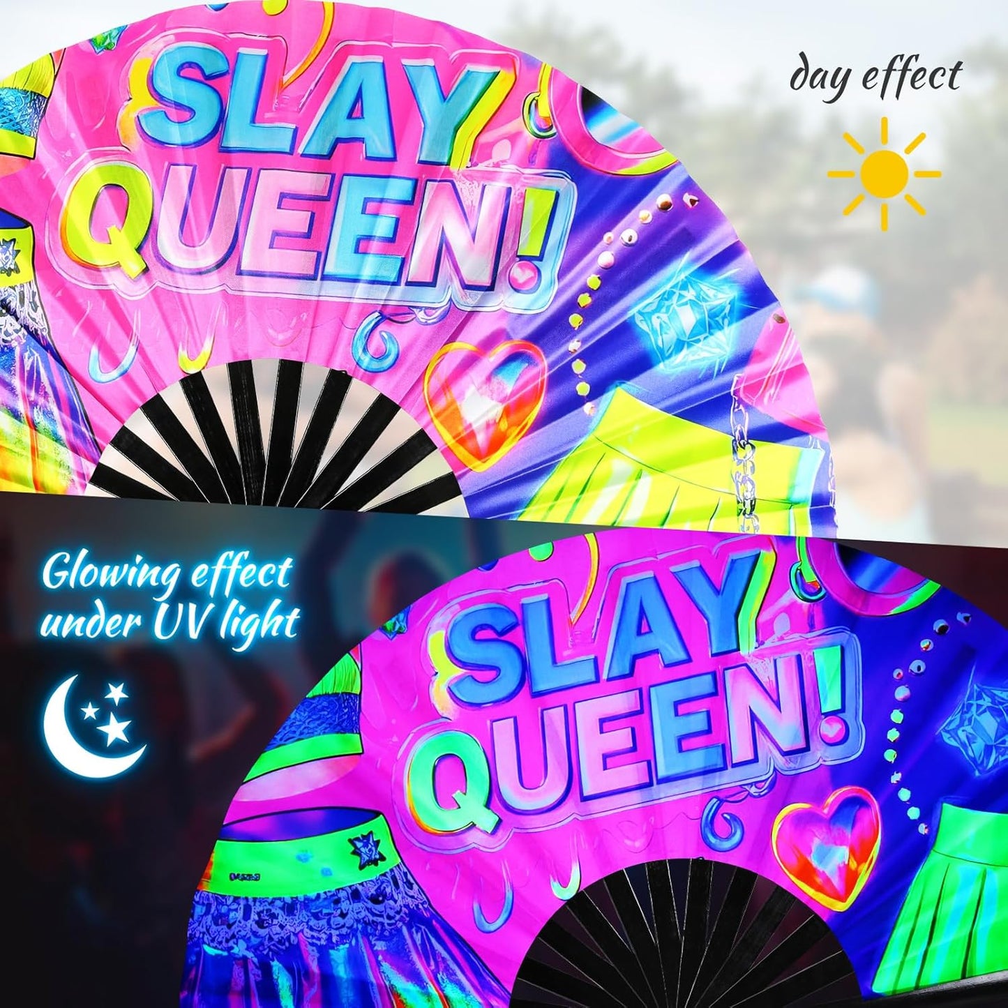 SYNTECSO Folding Hand Fan for Rave, Popping Fan for Line Dancing, Drag Queen, Women and Men Gift，Chinese Japanese UV Glow Clack Fan for Parties, Music Festivals, EDM and Decoration