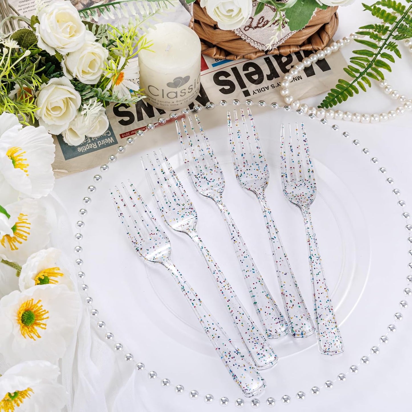 Supernal 360pcs Glitter Disposable Plastic Forks,Plastic Silverware Heavy Duty,Clear Plastic Forks,Glitter Disposable Cutlery for Birthdays, Parties, Bridal Shower and Weddings