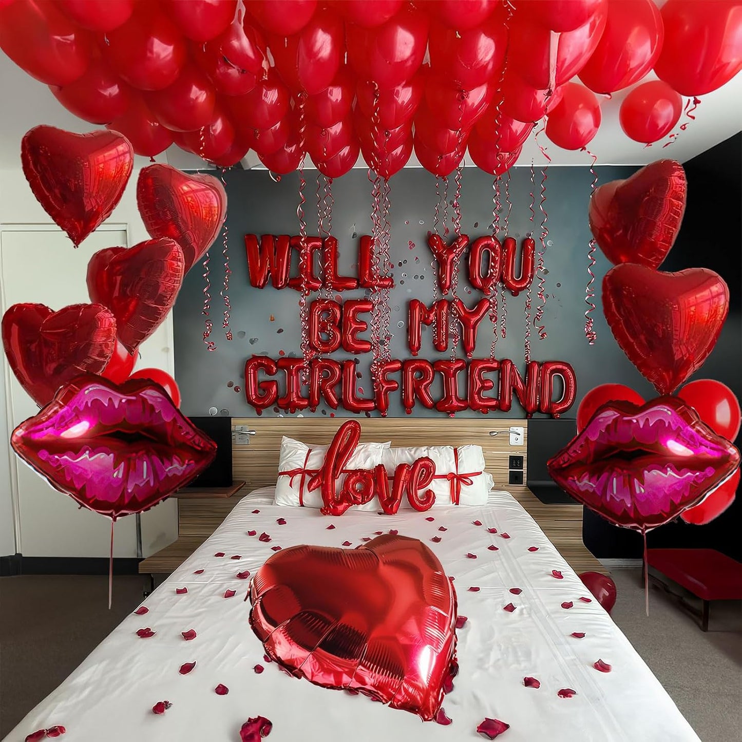 16 Inches Red 'WILL YOU BE MY GIRLFRIEND' Confession Letter Balloons with red balloons,Heart-Shape, lips, love Foil Balloons and Rose Petals for Romantic Special Night Decorations and Valentines Day