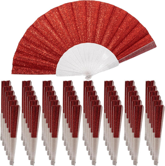 48 Pack Handheld Fan,Folding Hand Glitter fan with Shining Transparent Fan Rib – Ideal for Wedding, Church, Festival, Dance, Tea Party, Club, and EDM Accessories, Red