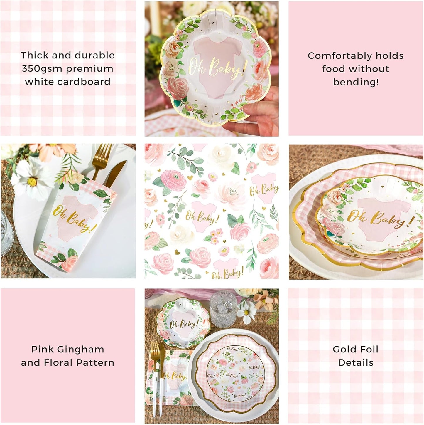 Kate Aspen Baby Shower Onesie Pink Floral & Gingham Tableware Set - 62pc. 16pcs 7 inch & 16pcs 9 inch Heavy Duty Disposable Party Plates, 30pcs 6.5 inch Durable Paper Napkins