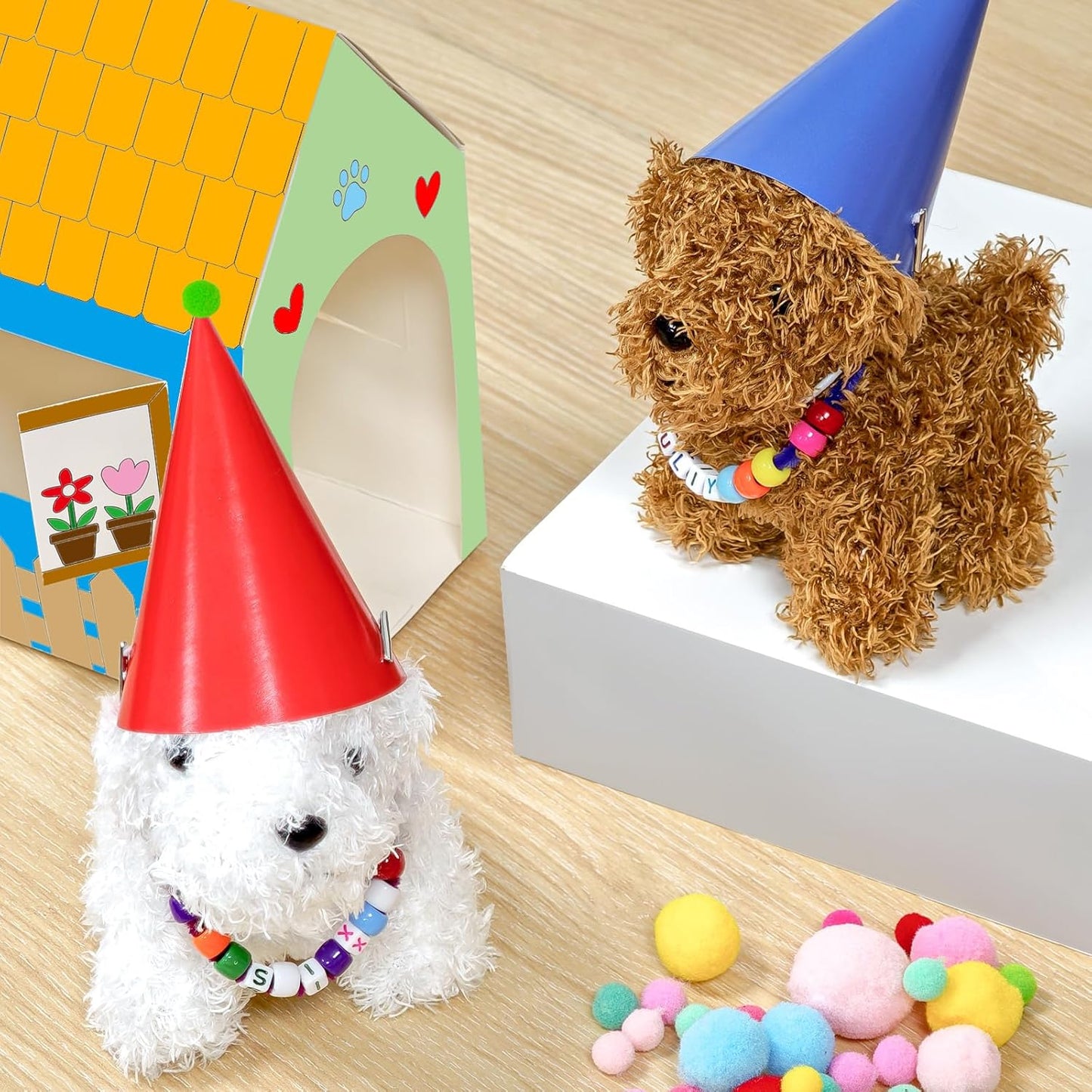 Cinrobiye 24 Sets Adopt a Puppy Party Favors DIY Dog Party Boxes Set Make Your Own Puppy Adoption Party Supplies with Dog House Treat Gift Boxes Dog Collar Necklace for Birthday Craft