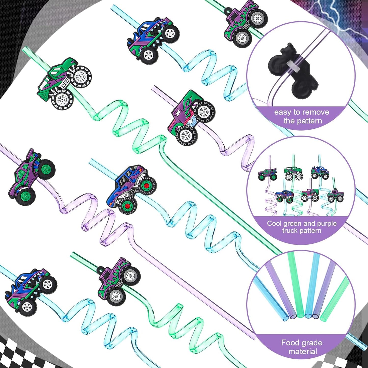 Yungyan 36 Sets Green Purple Monster Truck Party Favors Goodie Cups with Lids and Straws for Halloween Party Decorations Reusable 16oz Plastic Candy Cups Plastic Straws for Birthday Gift(Truck)