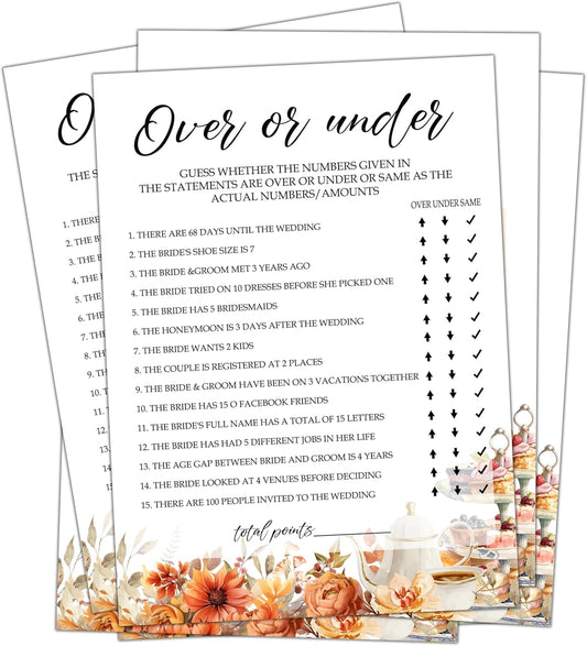 Fall Bridal Shower Games Cards, Over Or Under Wedding Bachelorette Party Games, Fall in Love Bridal Shower Decorations, 25 Cards, G04