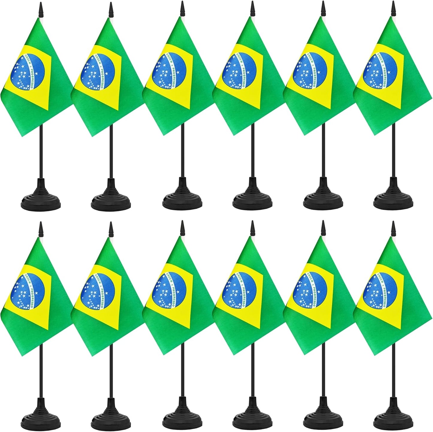 12 Pack Brazil Desk Flag Set, Brazilian Table Office Flag, Small Miniature Desktop Flag With Black Pole and Black Base, Classroom, Offices Meeting Desk Decoration (Brazil)