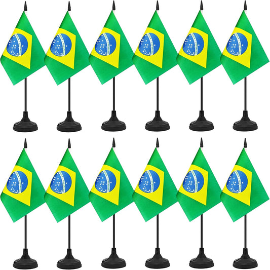 12 Pack Brazil Desk Flag Set, Brazilian Table Office Flag, Small Miniature Desktop Flag With Black Pole and Black Base, Classroom, Offices Meeting Desk Decoration (Brazil)