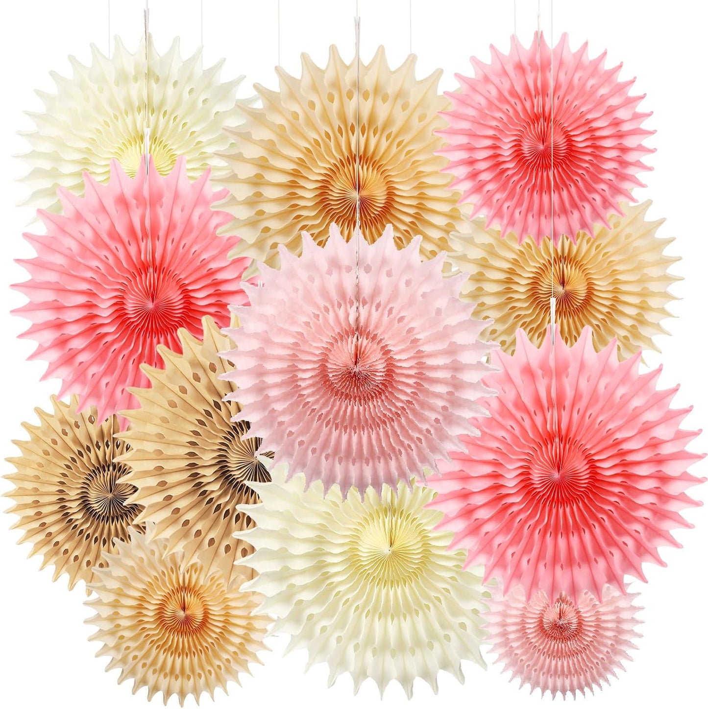 12PCS Paper Fans Champagne Gold Beige Boho Party Decorations Tissue Paper Flowers Decorations for Girl Groovy Birthday Baby Shower Wedding Bachelorette Room Wall Hanging Décor