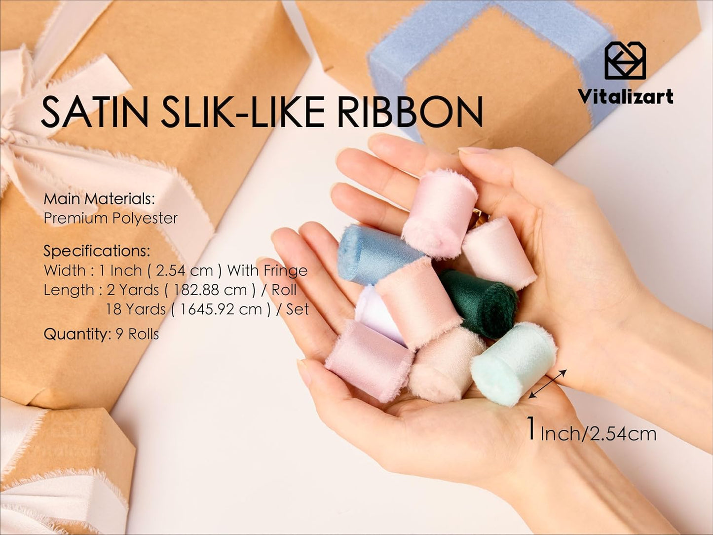 Vitalizart Silk Like Satin Ribbon 1 inch x 18 Yard Mixed Color Handmade Frayed Ribbons for Gift Wrapping Baby Shower Wedding Bridal Bouquets Holiday Decor 9 Rolls 2 Yd