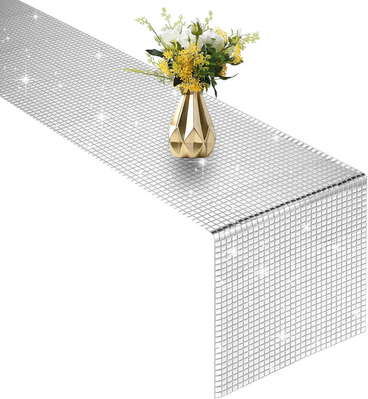 12x108 Inch Disco Ball Party Table Runner Silver Glitter Foil Table for Bachelorette Party 70's 80's Disco Ball Table Decorations (One Pack)