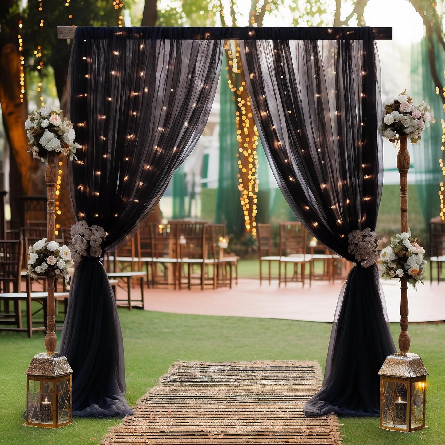 10×10ft Black Tulle Backdrop Curtain with Lights String for Parites, Sheer Photo Backdrop Curtains for Wedding Party Photography Background