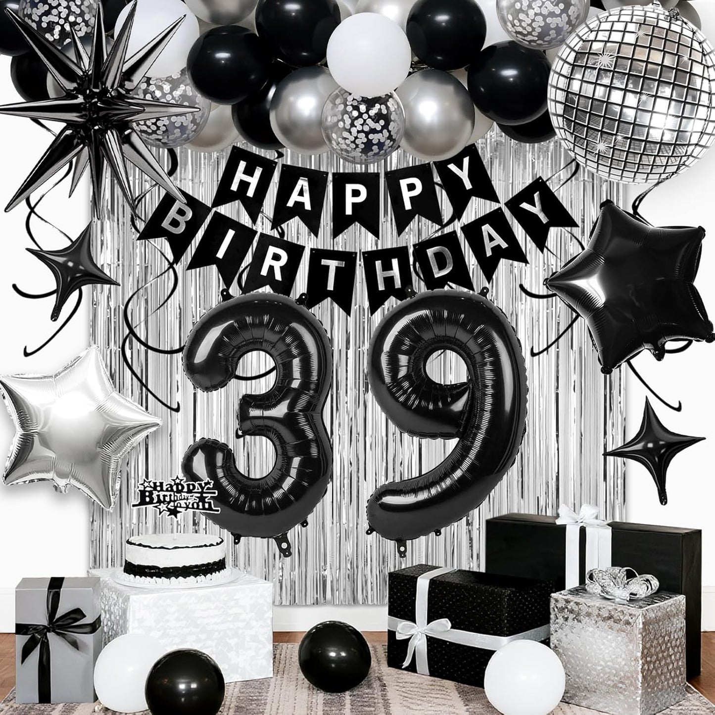 39th Birthday Decorations for Men Women, Black Silver Happy Birthday Party Decorations， 39 Year Old Party Supplies with Number 39 Balloons, Banner, Fringe Curtains Kit