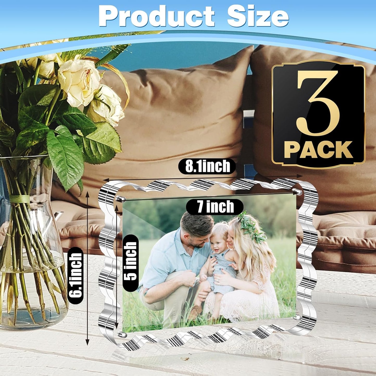 Aheroi 5x7 Acrylic Photo Frames, 3 Pack Clear Picture Sign Holder Freestanding Magnetic Scalloped Picture Frames for Desktop Display, Thickened Frameless Double Sided Acrylic Sign Holder, No Instal