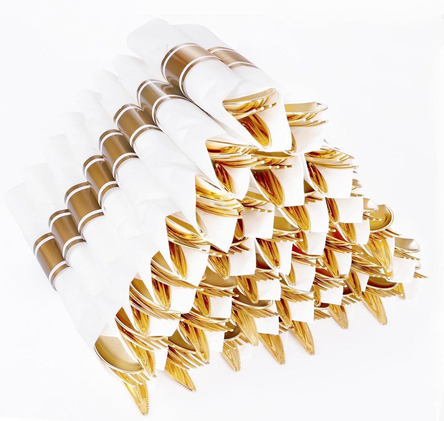 50Guests Pre Rolled Gold Plastic Silverware Sets - Heavy Duty Hammered Gold Cutlery Include 50 Pack Wrapped Disposable Utensils with Napkins for Parties, Dinners & Weddings
