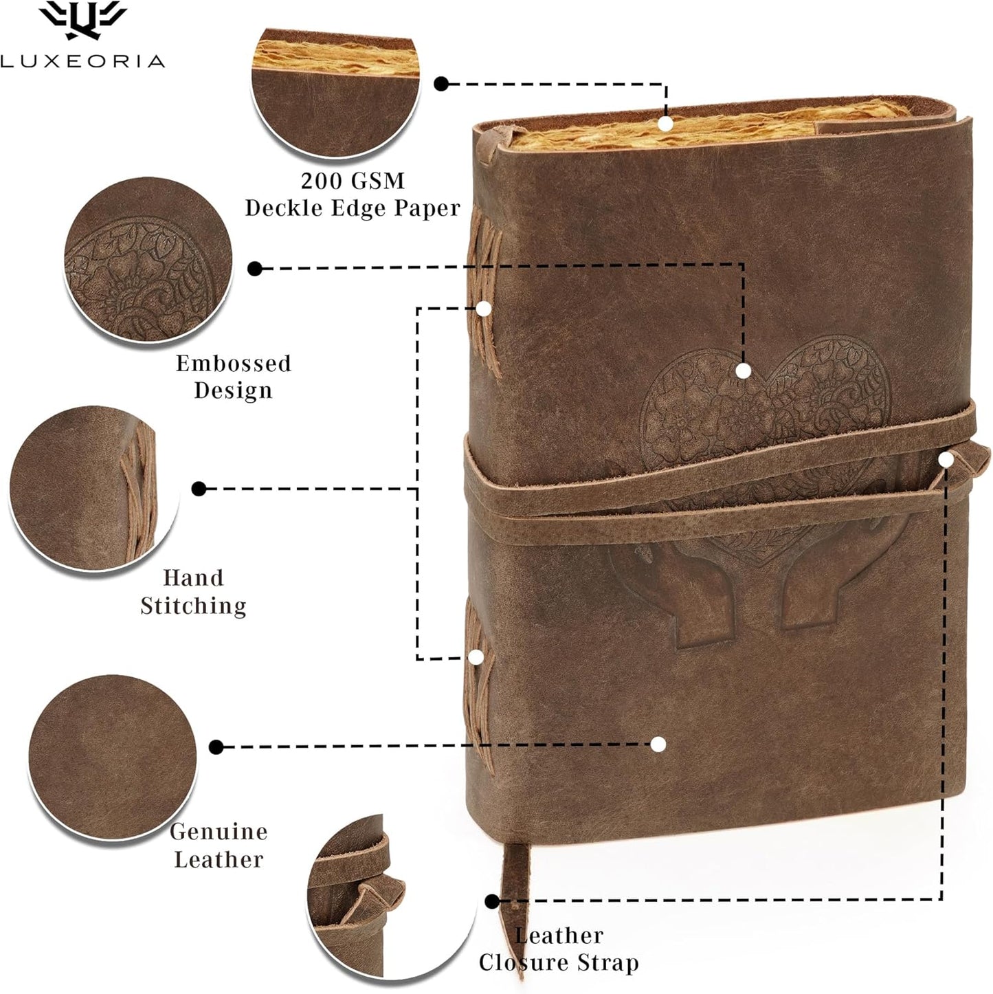 LUXEORIA Heart Journal for Women and Men, Handcrafted Leather Journal for Writing Womens, Sketchbook, Travel Diary with Unlined Deckle Paper, Distressed Brown 7x10