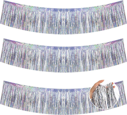 BEISHIDA 3 Packs 30 Feet Metallic Foil Fringe Garland Tinsel Streamers，Laser Silver Wall Hanging Tinsel Fringe Banners for Wedding Birthday Party Decoration Halloween Christmas New Year