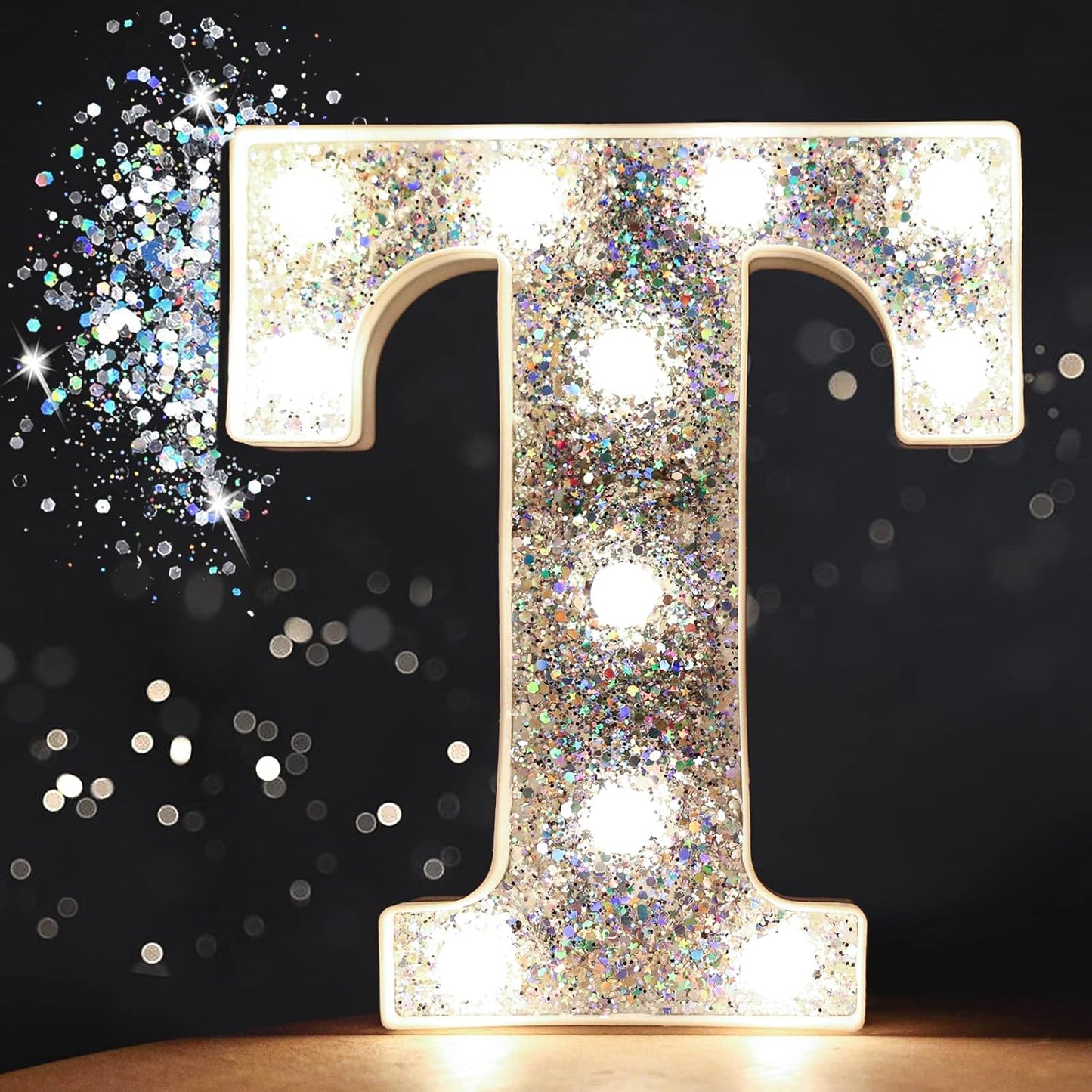 Pooqla Light Up Letters, LED Marquee Letters for Silver Birthday Decorations, Battery Powered Night Light Teenager Girl Room Decor, Gift for Girls Boys Wedding Bedroom Christmas Party Decor, Letter T