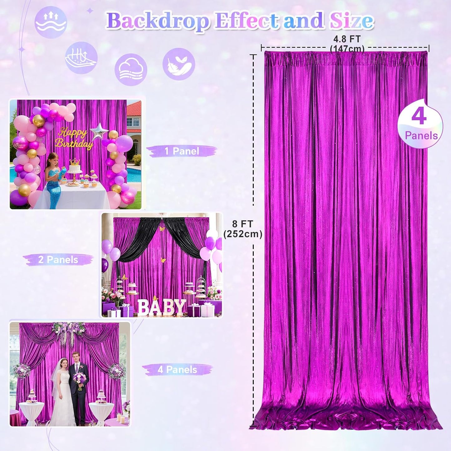 Glitter Sequin Backdrop Curtains for Halloween - 19.2x8FT Wrinkle-Free Glitter Drapes Purple Photo Backdrop Drapes for Wedding Birthday Photography Background 4 Panels 4.8x8FT