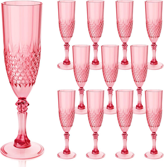 Plastic Champagne Flutes, 12PCS Red Plastic Wine Glasses Goblets Reusable Champagne Flute for Weddings, Bachelor Parties, Toasting, and Events(12,Red)