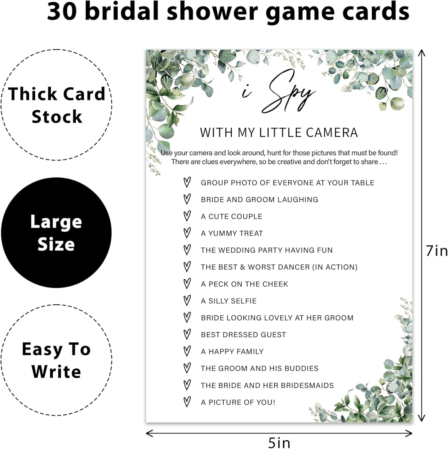 Eucalyptus Bridal Shower Game Cards - I Spy With My Little Camera, Wedding Engagement Bachelorette Party Bridal Shower Games for 30 Guests, Double Sided Cards Set of 30, Activity Supplies & Favor/A13