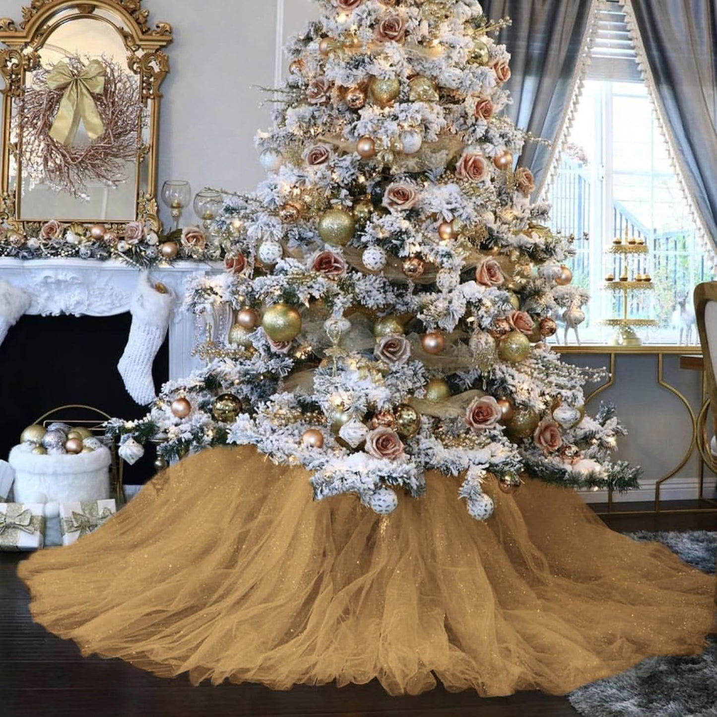 Aztec Gold Tulle Fabric Rolls 6 Inch by 100 Yards (300 feet) Fabric Spool Tulle Ribbon for Christmas Gift Wrapping DIY Tutu Bow Baby Shower Birthday Party Wedding Decorations Craft Supplies