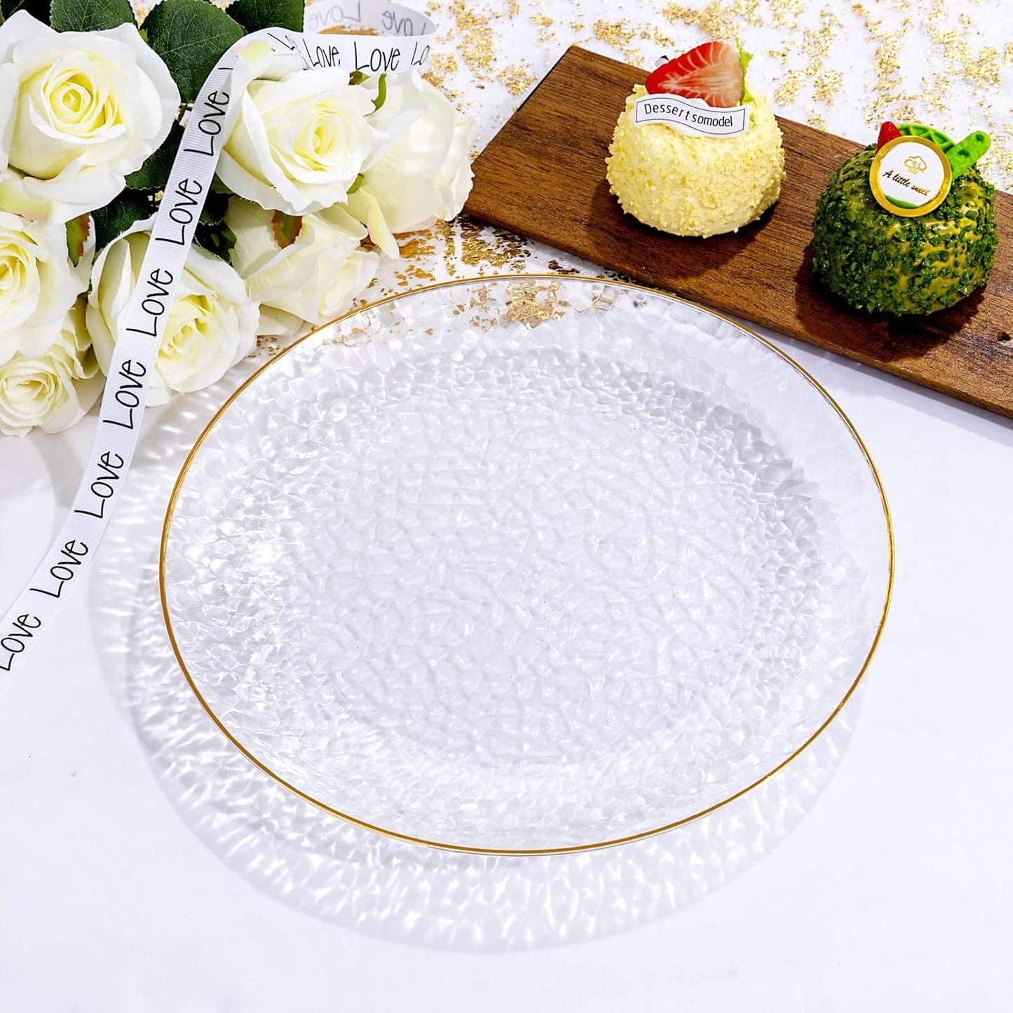 Rubtlamp 60 Pieces Gold Plastic Plates - 10 inch Clear Dinner Plates - Hammer Pattern Design - Fancy Clear and Gold Disposable Plates For All Occasions