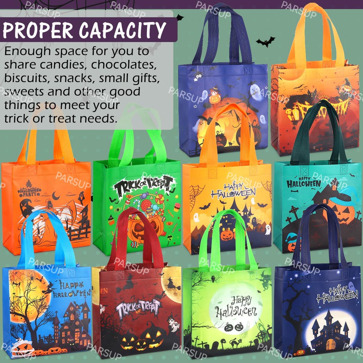 PARSUP 20PCS Halloween Trick or Treat Bags, Non-Woven Large Gift Tote Bags with Handles for Gifts Wrapping, Party Supplies, 7.9 * 7.9 * 3.15inch