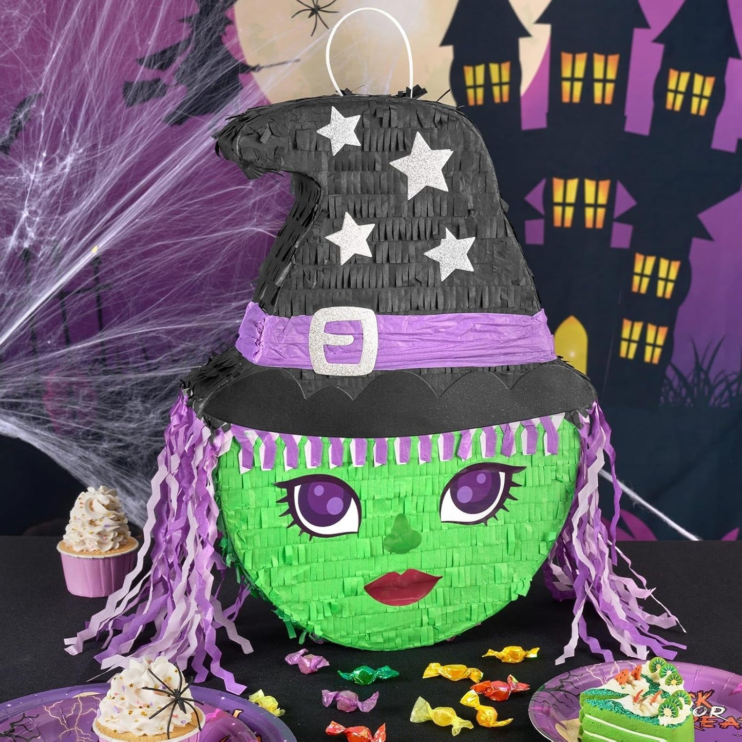 WERNNSAI Halloween Witch Pinata - Green Witch Pinata Halloween Party Games for Kids Costume Party Decor Favor School Scary Game Wizarding World Party Supply with Bat & Blindfold