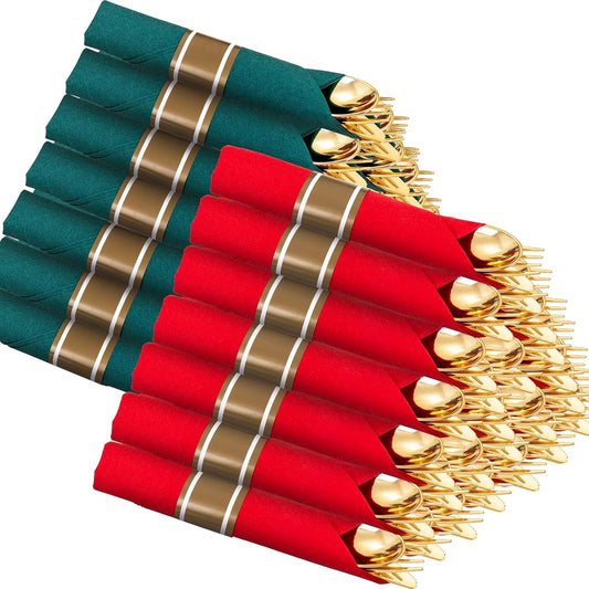 Supernal 240pcs Christmas Rolled Plastic Silverware,Gold Disposable Silverware,Wrapped Plastic Cutlery Set with Napkin,Pre Rolled Silverware Set Disposable,Christmas Cutlery Served for 60 Guests