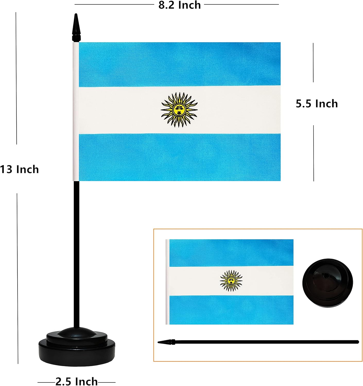 12 Pack Argentina Desk Flags Set, Argentine Small Mini Table Office Flags with 12" Solid Black Pole, 8.2 x 5.5 Inches, Home and Office Decoration, Festival Celebrations