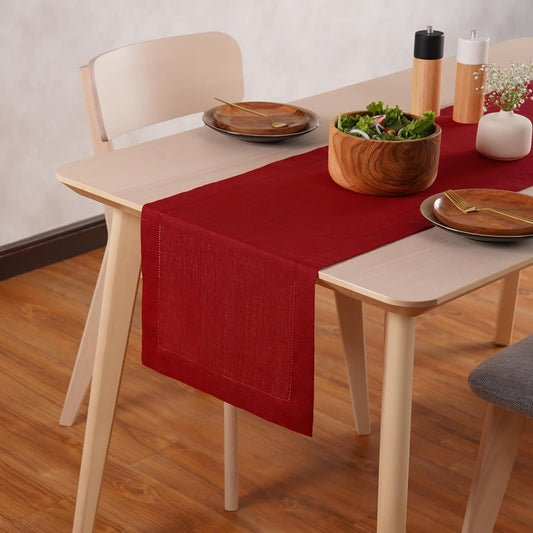 Linen Table Runner 14 x 72 Inch Long - 100% Pure Linen Christmas Red Table Runner - Cloth Fabric Hemstitch Runner for Thanksgiving, Christmas, Winter, New Year - Elara