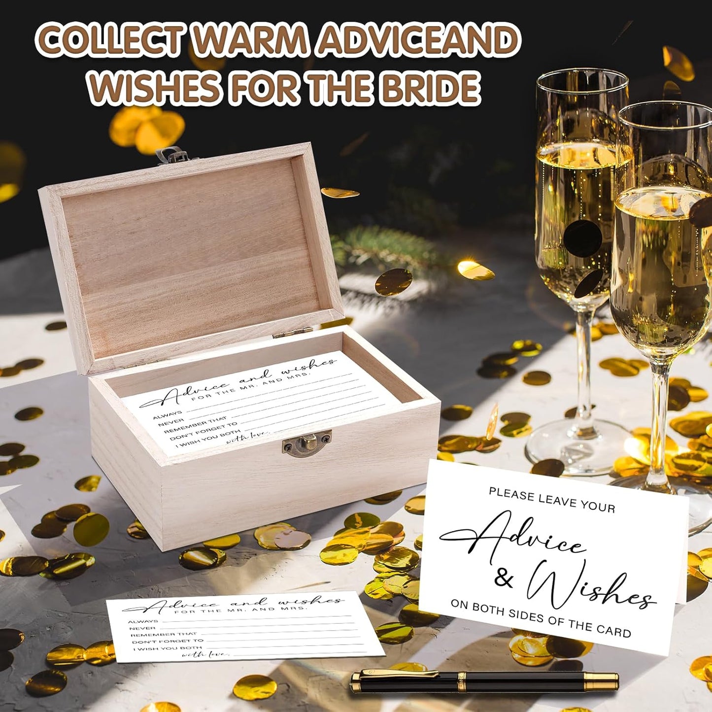 85 Pcs Advice and Wishes Cards Wooden Box Set for The Mr and Mrs,White Advice and Wishes Cards with Black Pen for the Bride and Groom,Bridal Shower,Wedding Party Game Decorations Supplies