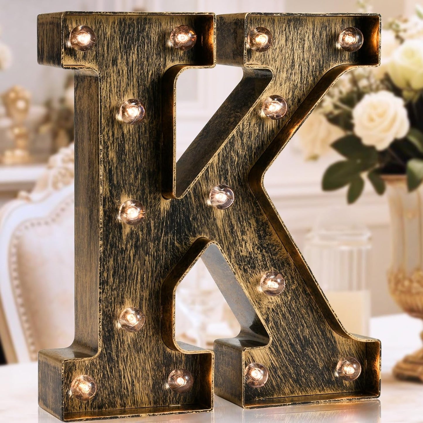 OYCBUZO Golden Black Led Marquee Letter - Industrial, Vintage Style Light Up Alphabet Letter Sign for Cafe Wedding Birthday Party Christmas Lamp Home Bar Initials Decor - K