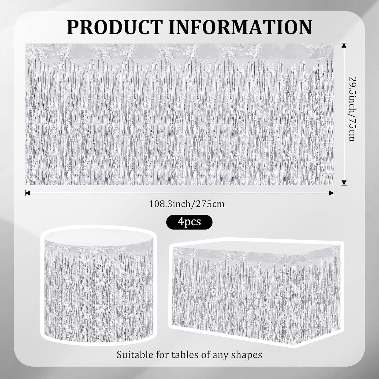 4 Pack 29.5x108 Inch Metallic Foil Fringe Tinsel Table Skirts, Streamer Garland Curtains Backdrop for Rectangle Tables Wedding Birthday Parade Floats Christmas Party Decoration(Silver)
