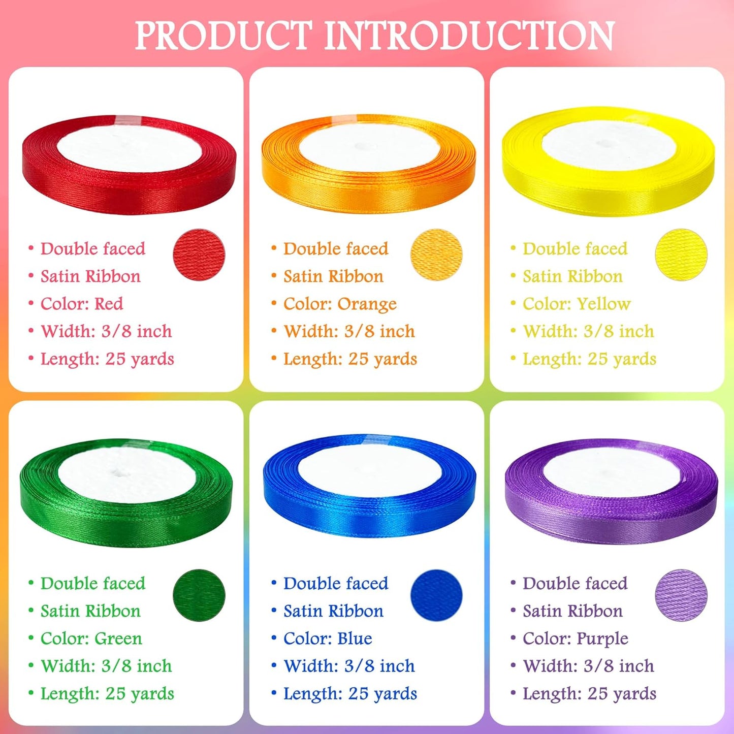 3/8" 6 Colors X 25 Yards Rainbow Satin Ribbon,150 Yards Assorted Colors Satin Ribbons for Flower Bouquet,Ribbons for Gift Wrapping Happy Birthday Party Decorations