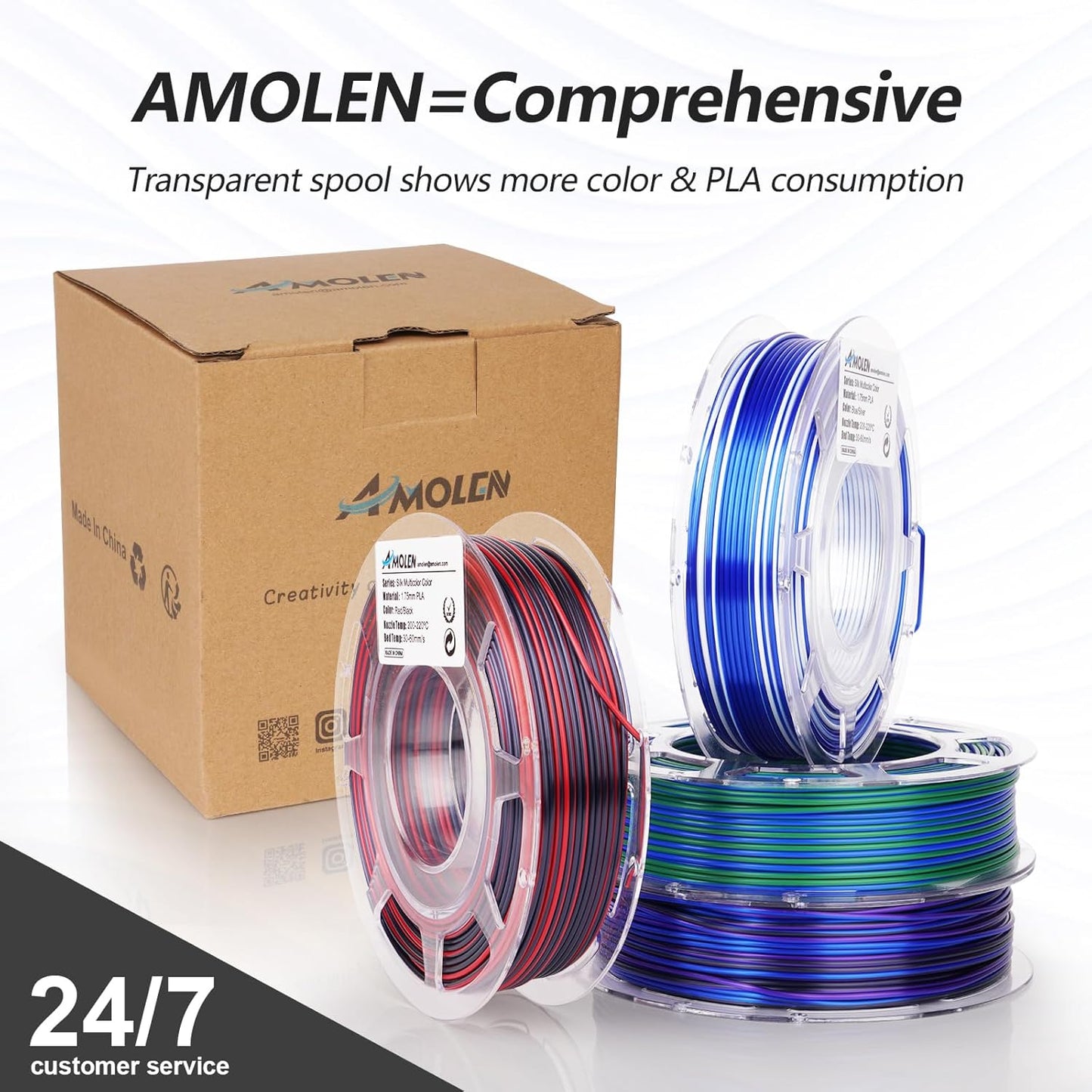 AMOLEN Silk PLA 3D Printer Filament Bundle, Multicolor Gradient Rainbow PLA 1.75mm Pack, Shiny Fast Color Change 3D Printing Filament for Most FDM 3D Printer, 200g X 4 Spools