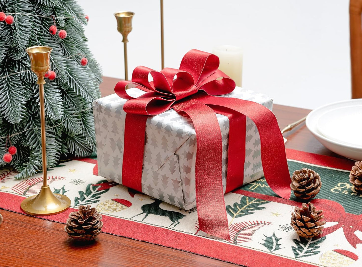 Christmas Ribbon Wired Red Satin Ribbons 1-1/2 Inch Double-Faced Gold Glitter for Tree Decoration, Wreath, Gift Wrapping, Home Decor 10 Yards