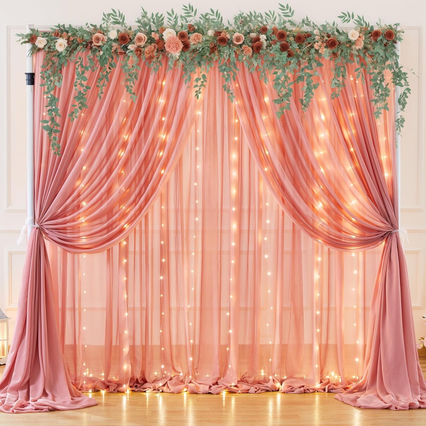10ft x 7ft Dusty Rose Chiffon Backdrop Curtain with Lights String for Parites Wedding Wrinkle Free Curtain Photo Backdrops Drapes for Baby Shower Birthday Party Home Decorations