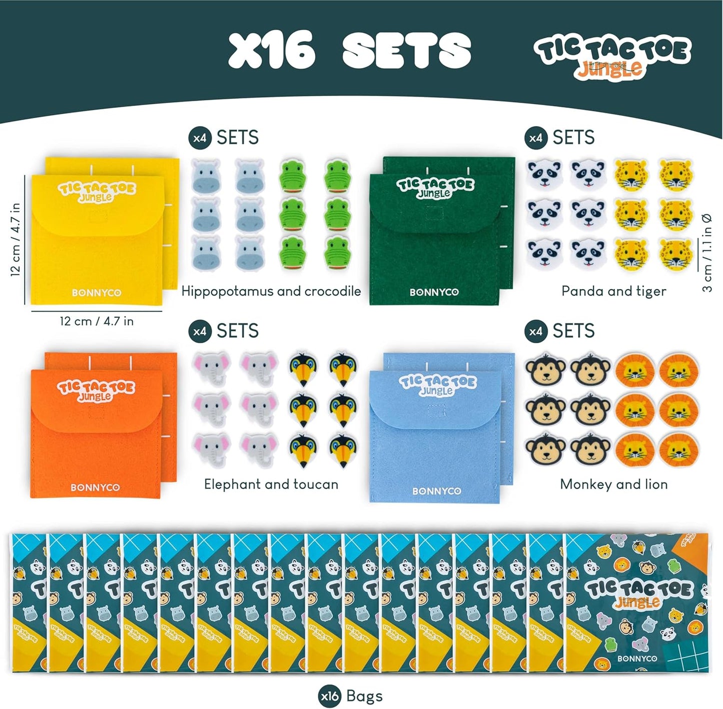 BONNYCO Tic Tac Toe Game Pack 16 Jungle Animals Kids Party Favors Safari Goodie Bags Stuffers for Kids 3-5 4-8, Goody Bag Stuffers Pinata | Return Gifts for Birthday Party, Mini Games Bulk Travel